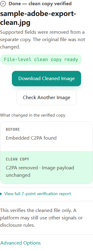 Verified JPG result showing File-level clean copy ready, the Download Cleaned Image link, and C2PA removed with the image payload unchanged